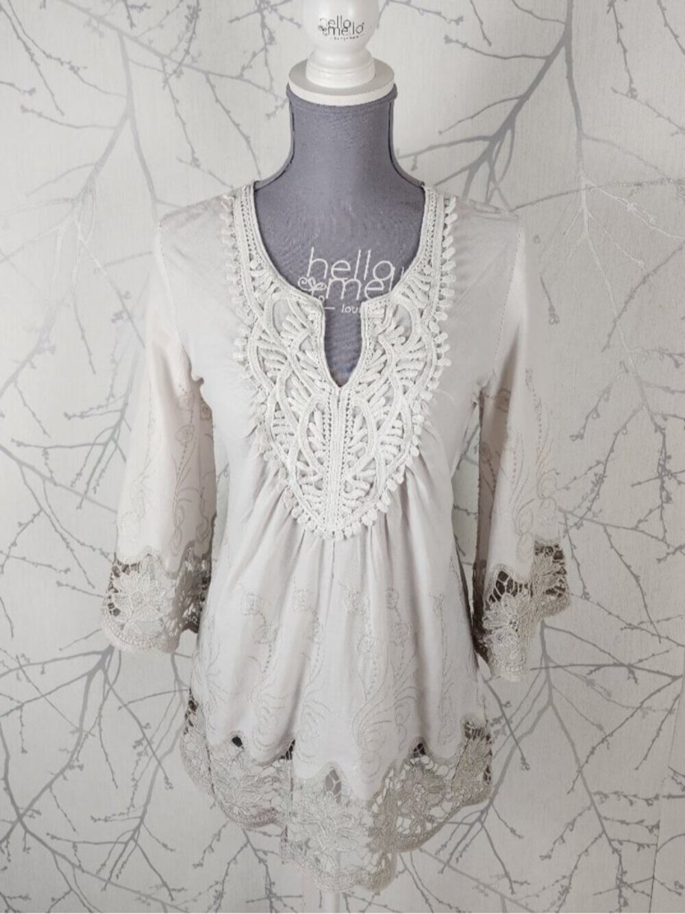 Solitaire Ivory Taupe Cotton Lace Crochet Trim Peasant Top